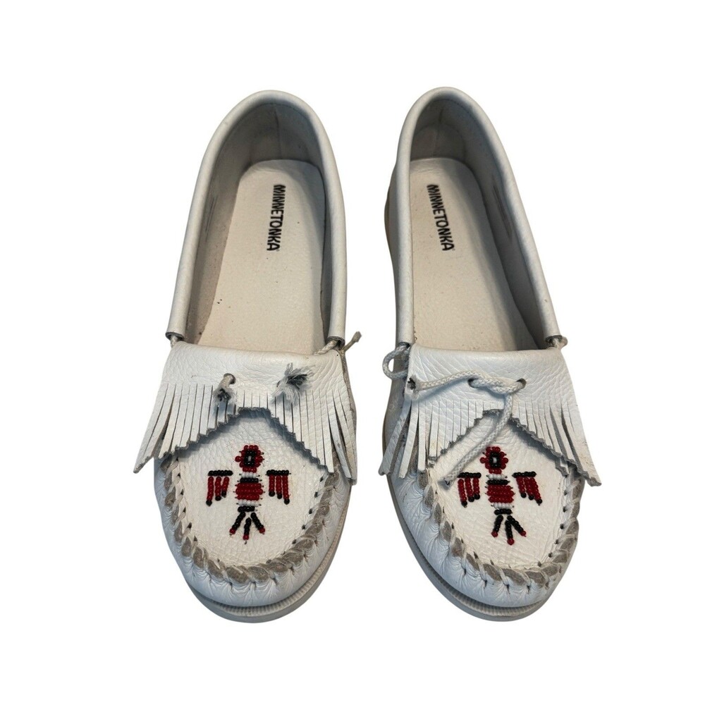 MINNETONKA White Leather Beaded Thunderbird Indian Moccasins Loafers Women's 11